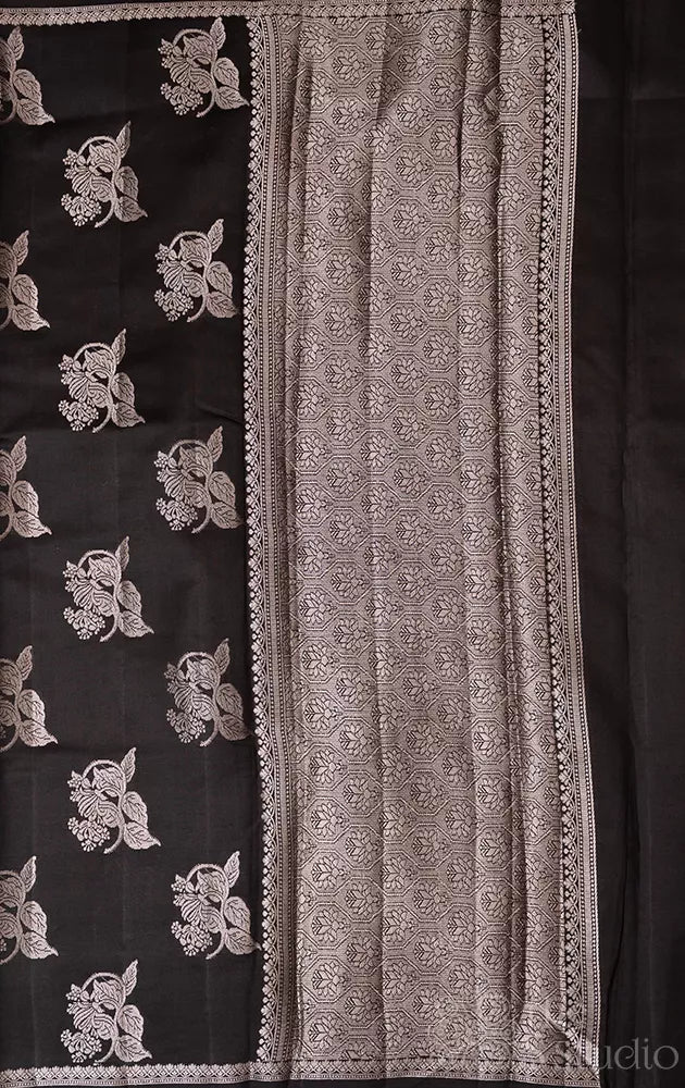 Black chiniya banarasi silk saree with thin silver zari border