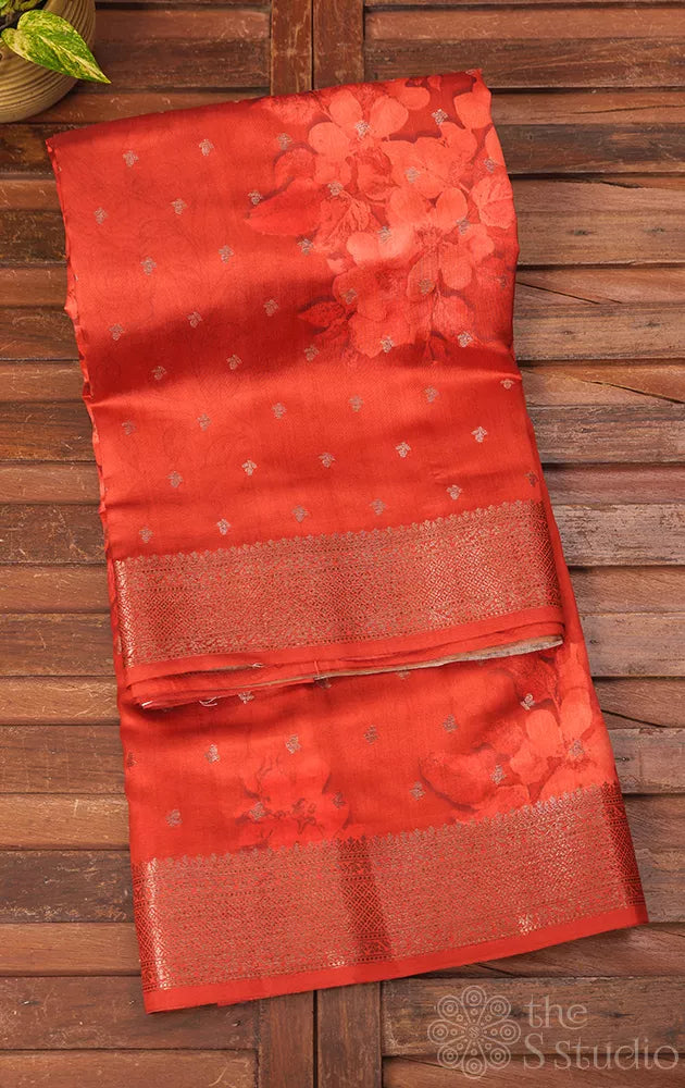Rustish orange chiniya banarasi silk saree with antique zari border