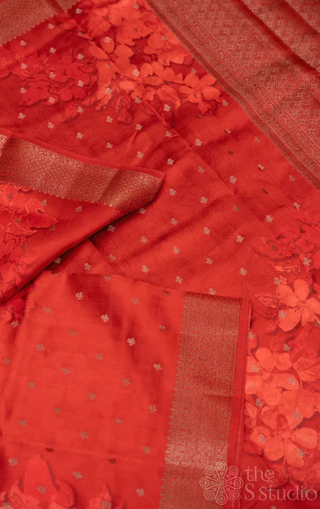 Rustish orange chiniya banarasi silk saree with antique zari border