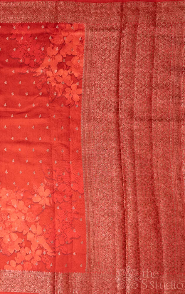 Rustish orange chiniya banarasi silk saree with antique zari border