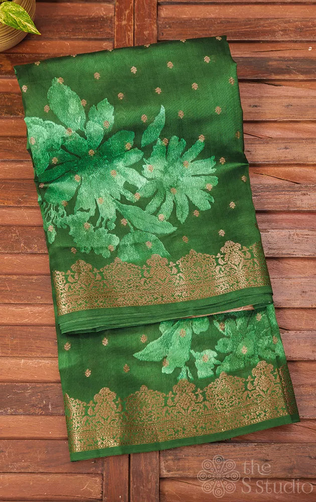 Dark green chiniya banarasi silk saree with light green floral prints