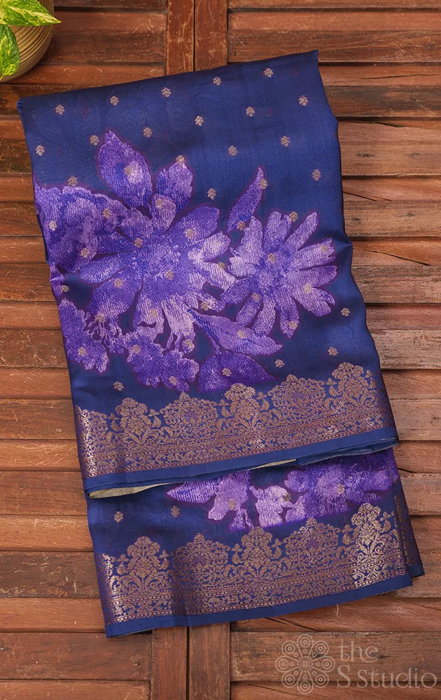 Violetish blue colour chiniya banarasi silk saree with antique zari buttas and floral prints