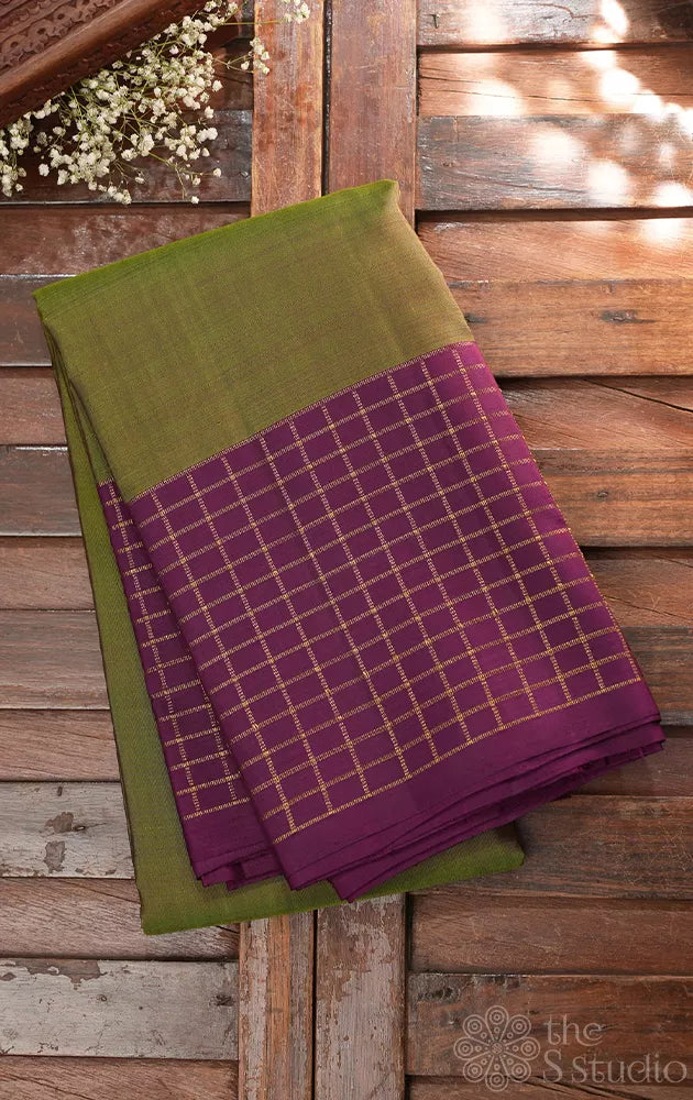 Methi green kanjeevaram silk saree with purple border