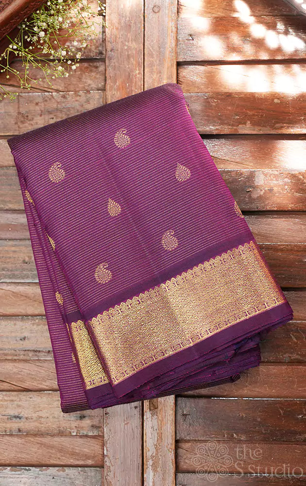 Deep purple vairaoosi  kanchipuram silk saree with mango and thilakam buttas