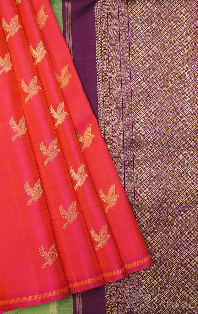Orange bird motifs kanjivaram saree with double pallu