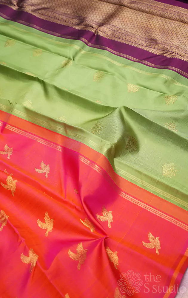 Orange bird motifs kanjivaram saree with double pallu