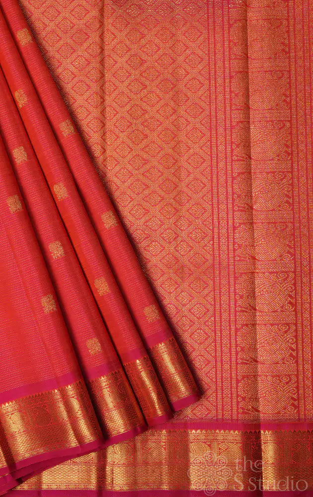 Bright peach vairaoosi  kanjivaram saree with small border