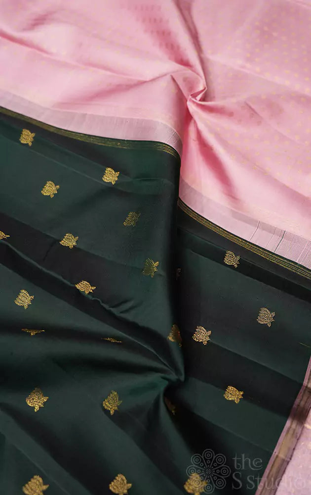 Bottle green kanchi pattu saree with lotus buttas