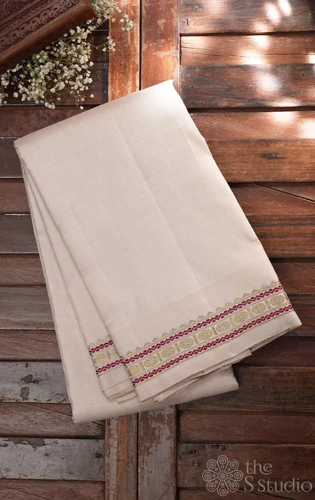 Off white plain kanchi silk saree with small zari border