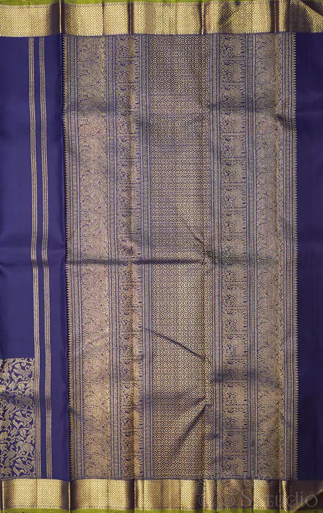 Navy blue kanchi silk saree with vanasingharam border