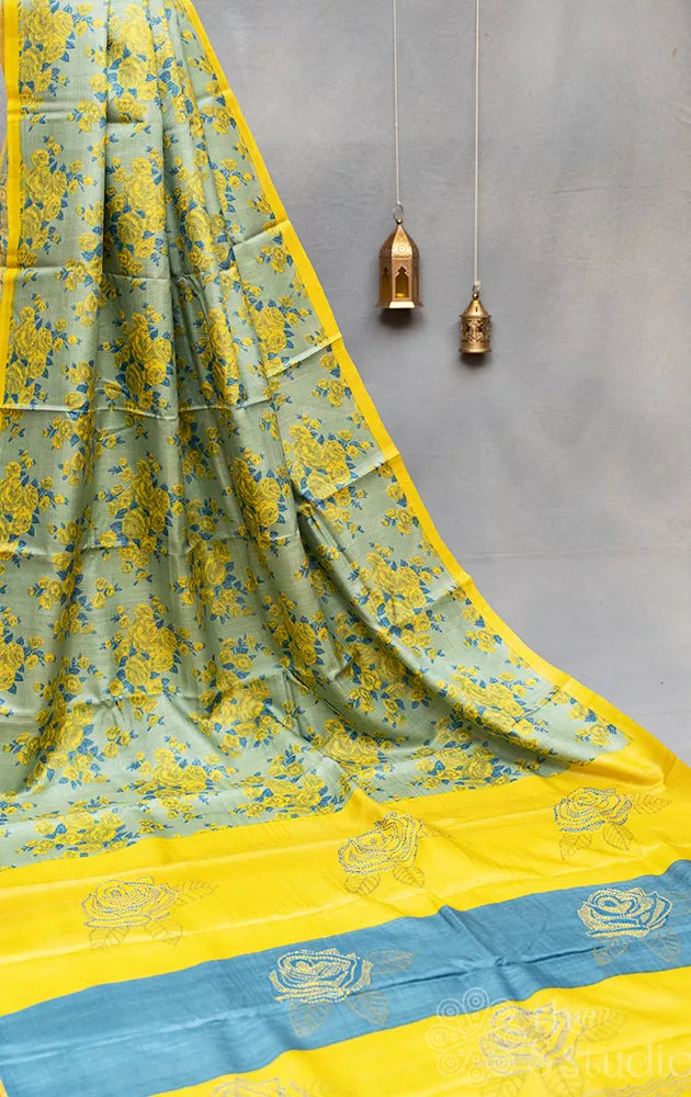 Green floral printed tussar silk saree with kantha embroidery
