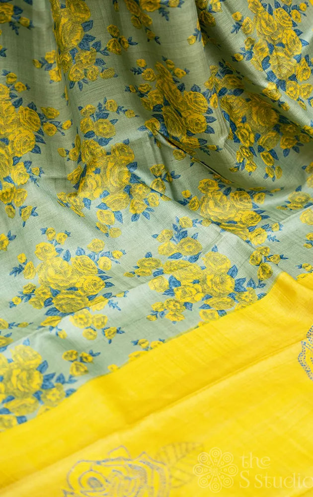 Green floral printed tussar silk saree with kantha embroidery