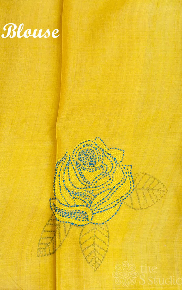 Green floral printed tussar silk saree with kantha embroidery