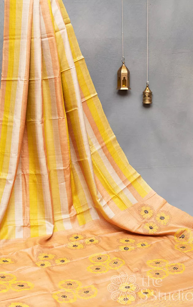 Horizontal strpes design yellow and orange tussar silk saree with embroidered pallu
