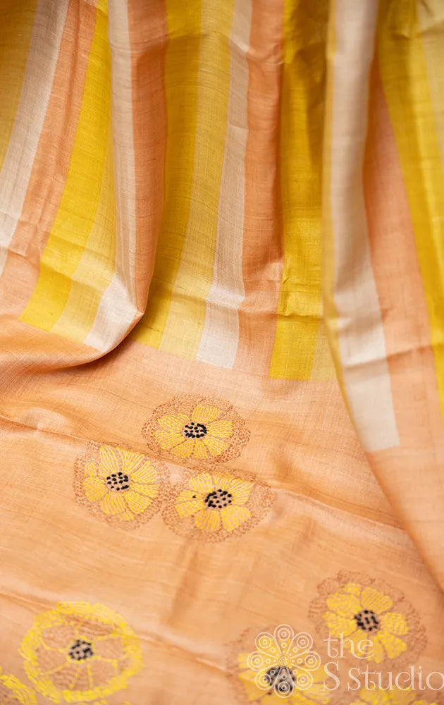 Horizontal strpes design yellow and orange tussar silk saree with embroidered pallu