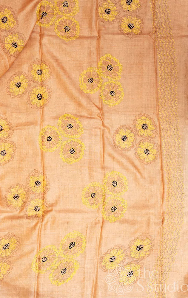 Horizontal strpes design yellow and orange tussar silk saree with embroidered pallu