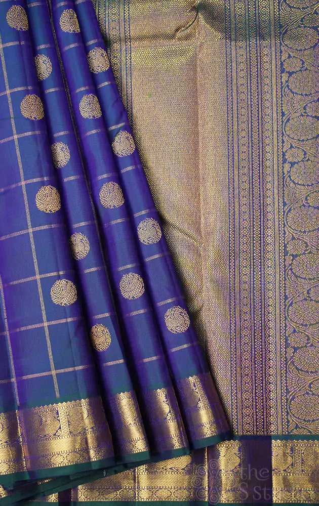 Peacock blue zari checked kanjivaram silk saree (Pre-order available)