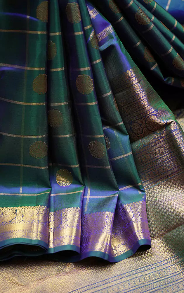 Peacock blue zari checked kanjivaram silk saree (Pre-order available)