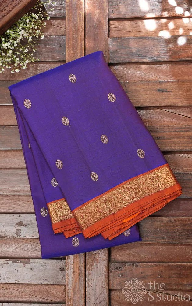 Violet small border kanchipuram silk saree with rust border
