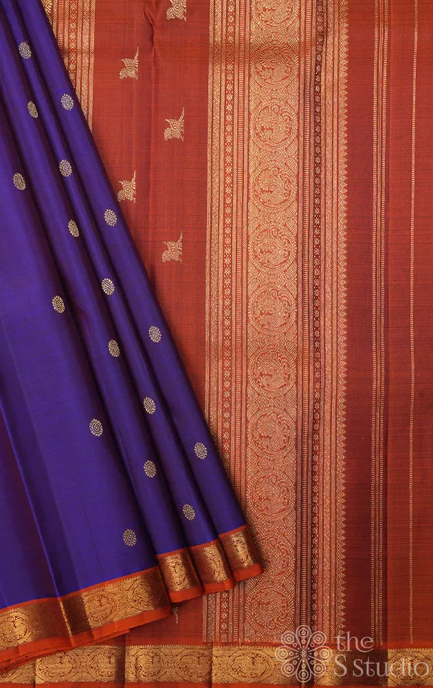 Violet small border kanchipuram silk saree with rust border