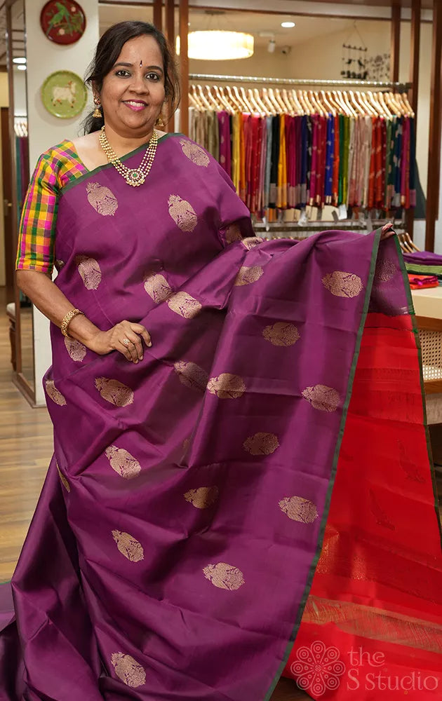 Purple kanjivaram silk saree with ganda berunda motifs