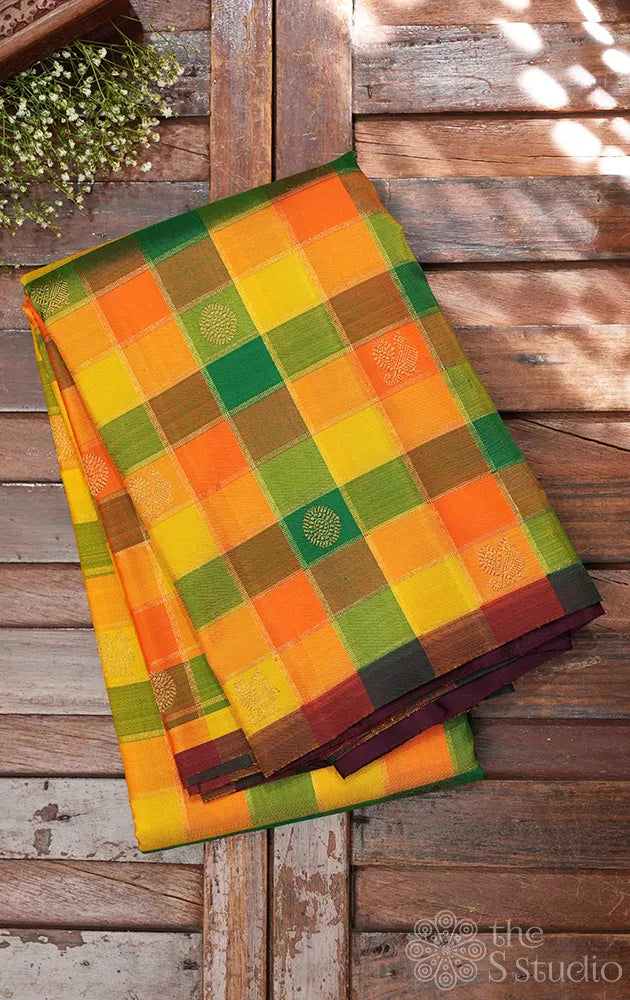 Paalum pazhamum checks kanchi silk saree with brown pallu