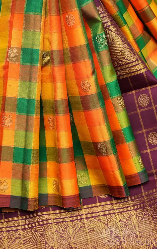 Paalum pazhamum checks kanchi silk saree with brown pallu