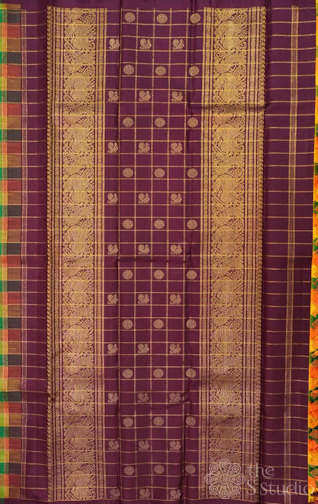 Paalum pazhamum checks kanchi silk saree with brown pallu