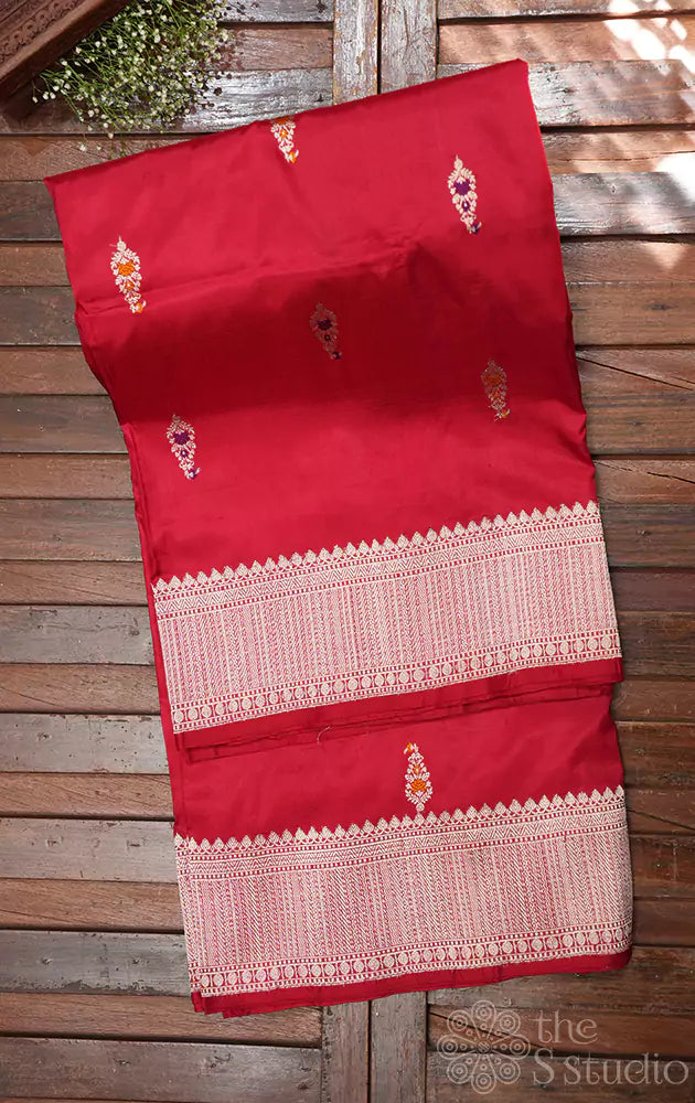 Red katan banarasi silk saree with silver zari rich pallu and border