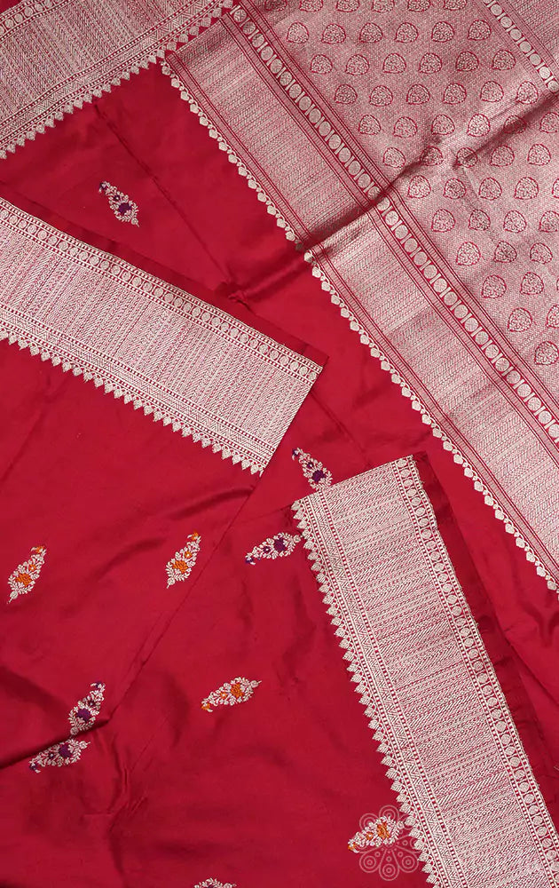 Red katan banarasi silk saree with silver zari rich pallu and border