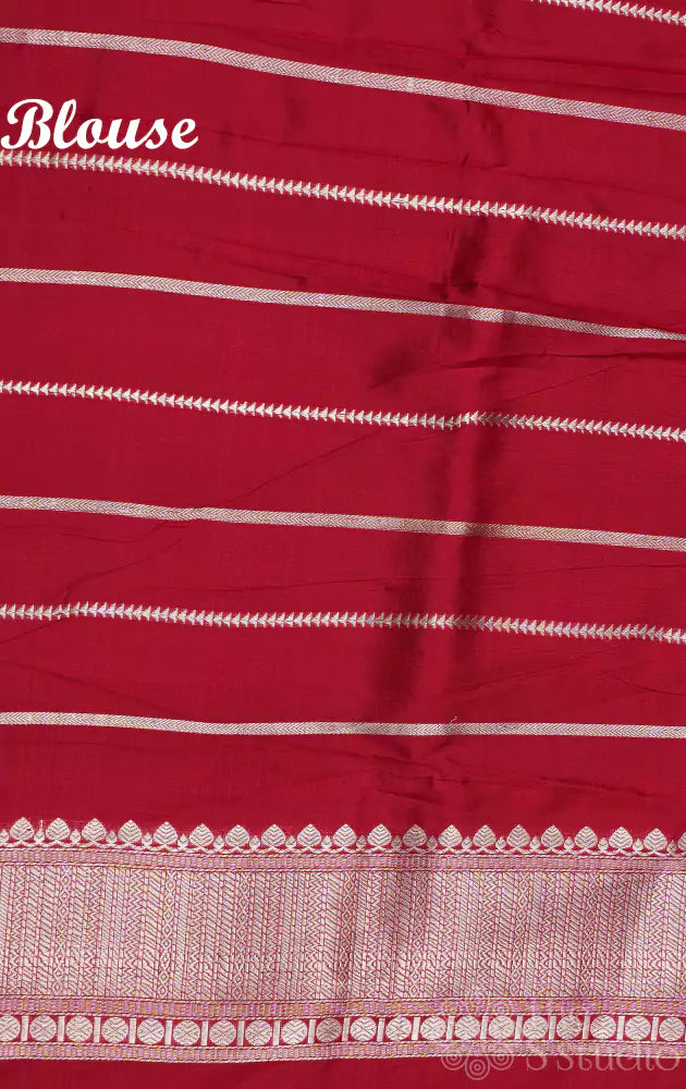 Red katan banarasi silk saree with silver zari rich pallu and border