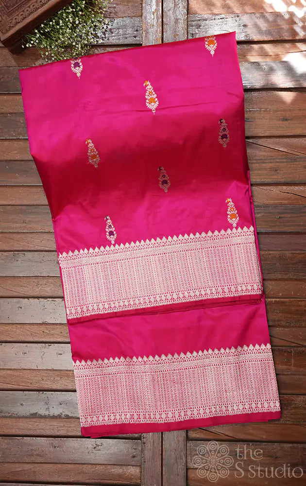 Rani pink katan banarasi silk saree adorned with kadwa butta