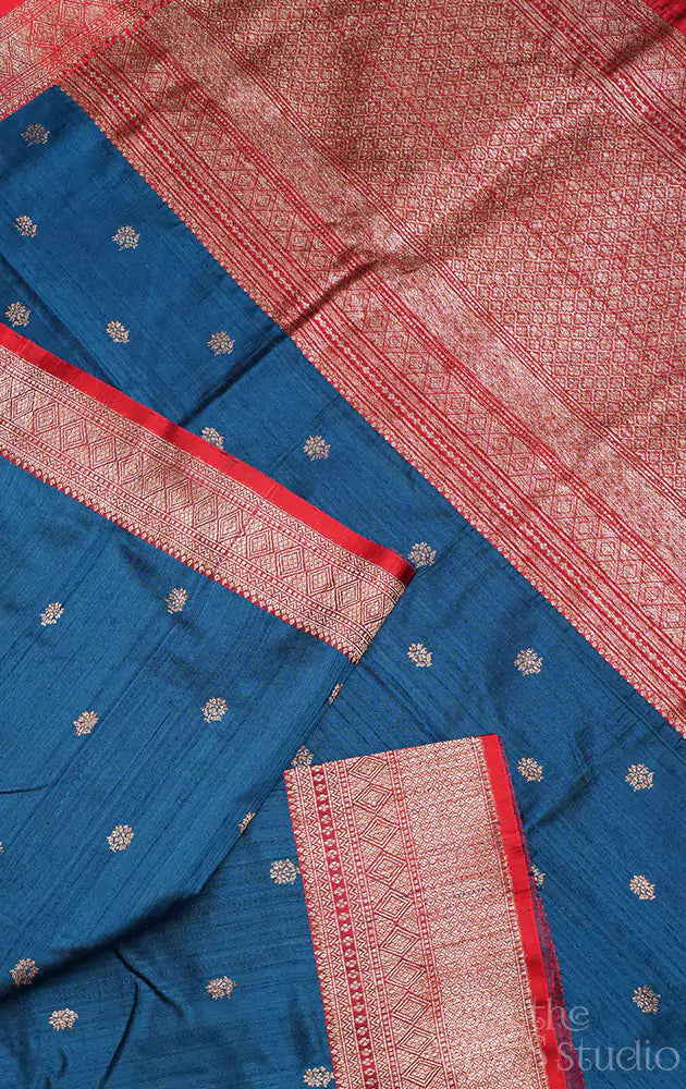 Rama blue raw silk banarasi silk saree with red border