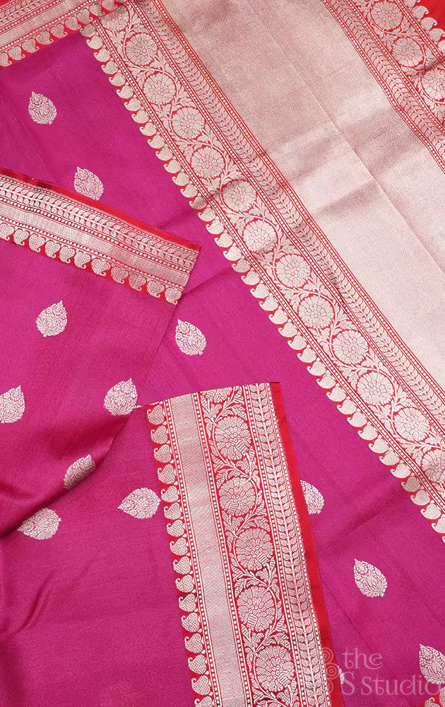 Magenta tussar banarasi silk saree with silver zari rich pallu