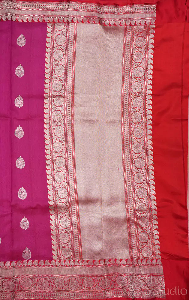 Magenta tussar banarasi silk saree with silver zari rich pallu