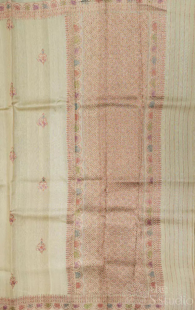 Beige tussar banarasi silk saree with small border