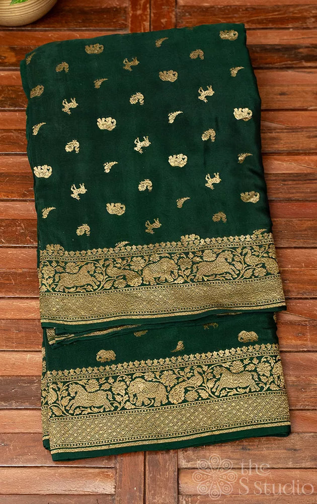 Green crepe banarasi silk saree with animal antique zari buttas