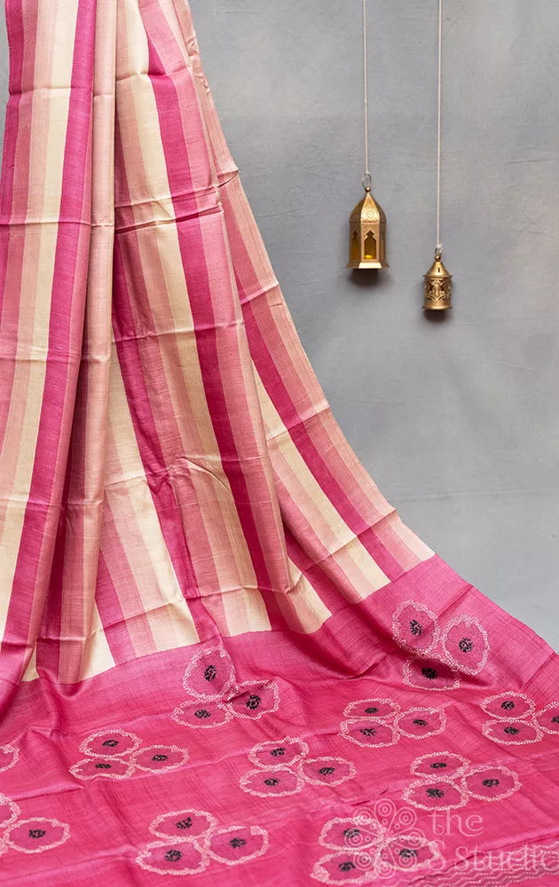 Pink and off-white tussar silk saree with floral pallu