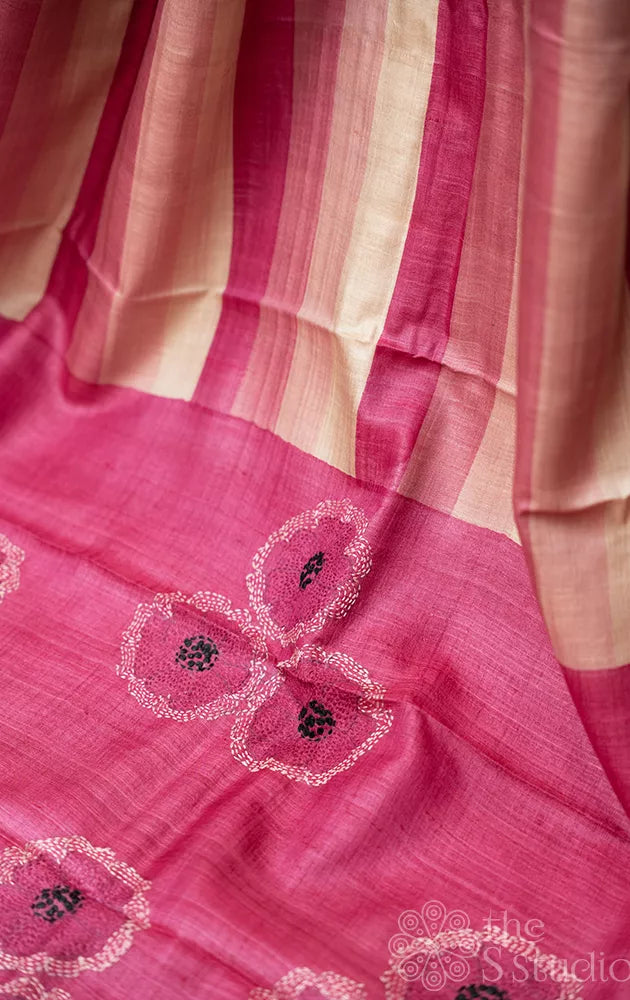 Pink and off-white tussar silk saree with floral pallu