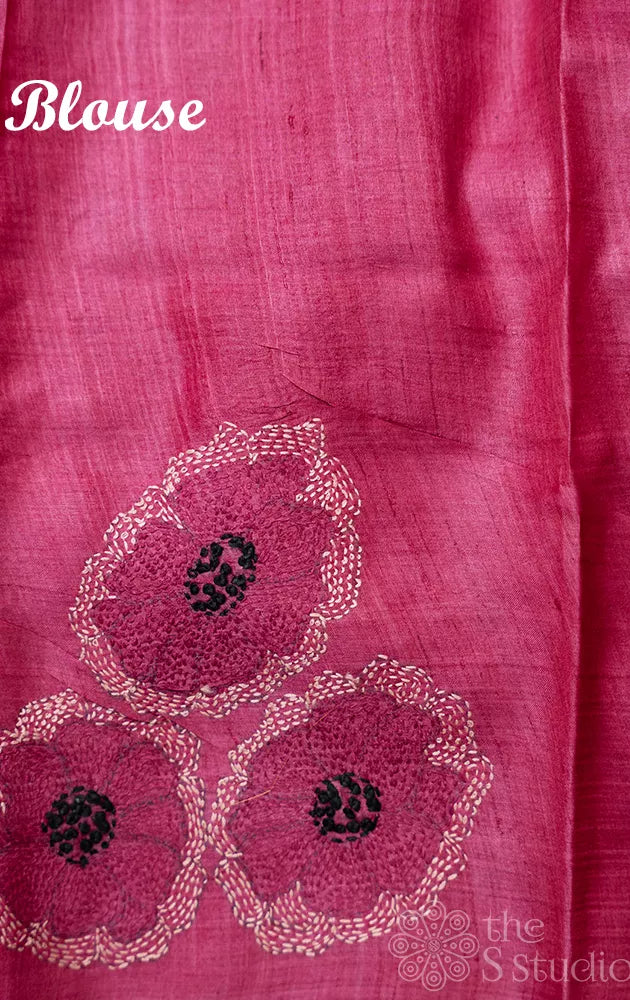 Pink and off-white tussar silk saree with floral pallu