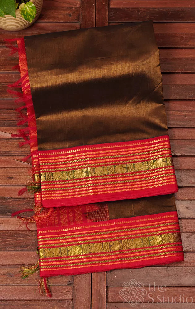 Khaki brown silk cotton saree with red border