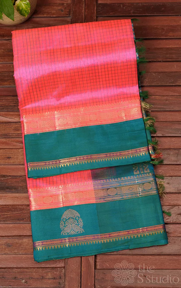 Pink checked silk cotton saree with teal blue border
