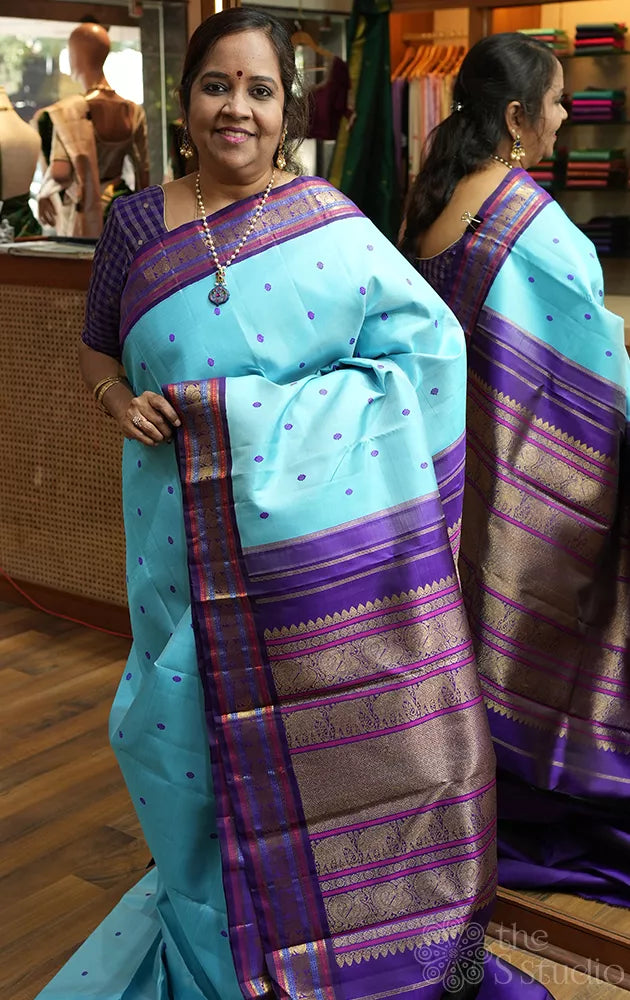 Light blue kanchipuram silk saree with korvai border