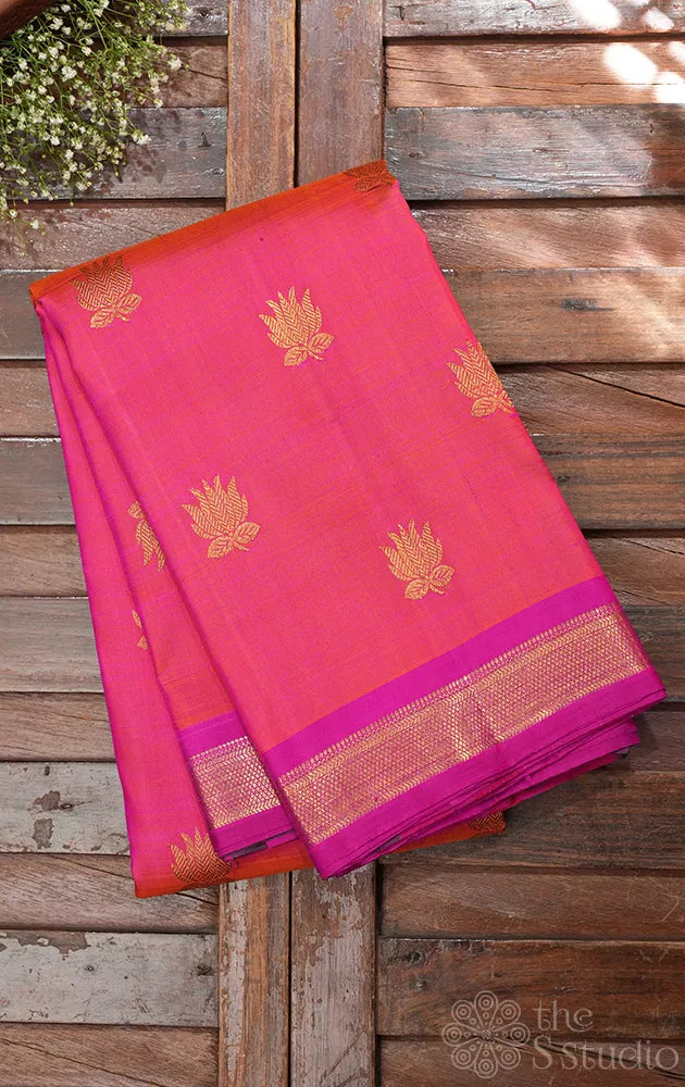 Peach kanchi silk saree with paalum pazhamum checks pallu