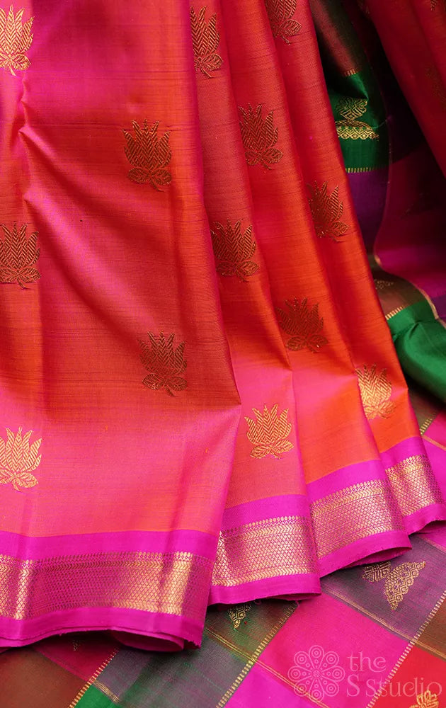 Peach kanchi silk saree with paalum pazhamum checks pallu