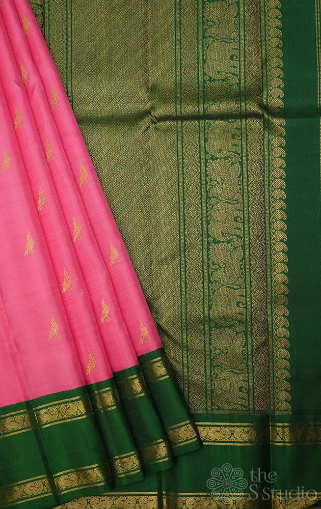 Lotus pink rettai pet pure zari kanjivaram silk saree with ganga jamuna border