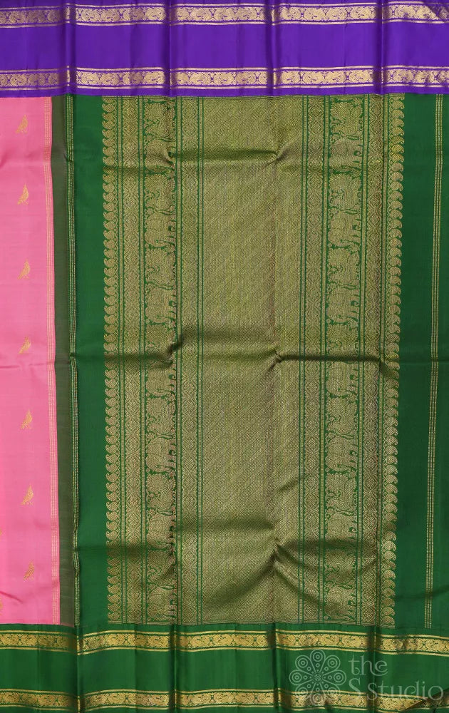 Lotus pink rettai pet pure zari kanjivaram silk saree with ganga jamuna border