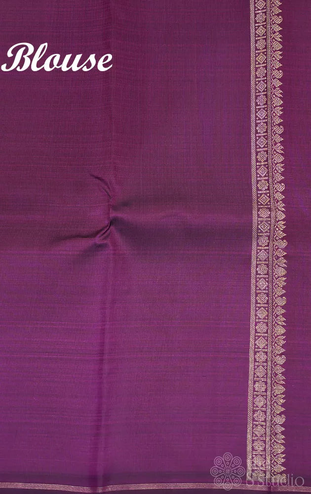 Elachi green kanchipuram silk saree with zari rich purple pallu