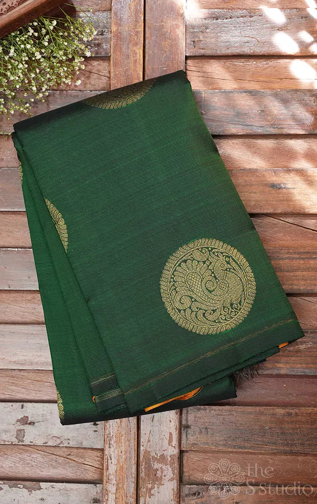 Bottle kanjivaram silk saree with mustard pallu