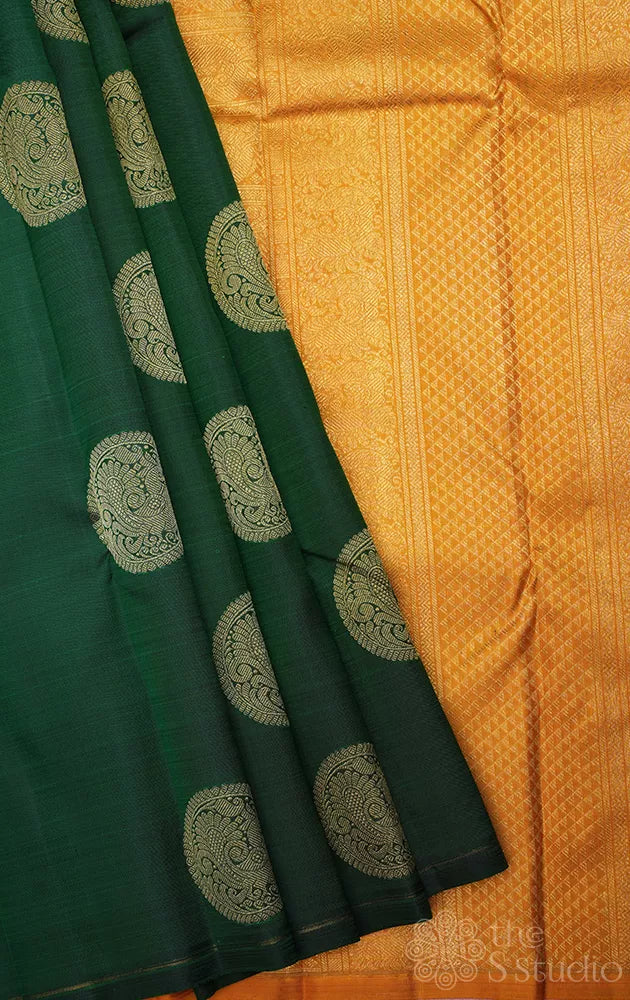 Bottle kanjivaram silk saree with mustard pallu